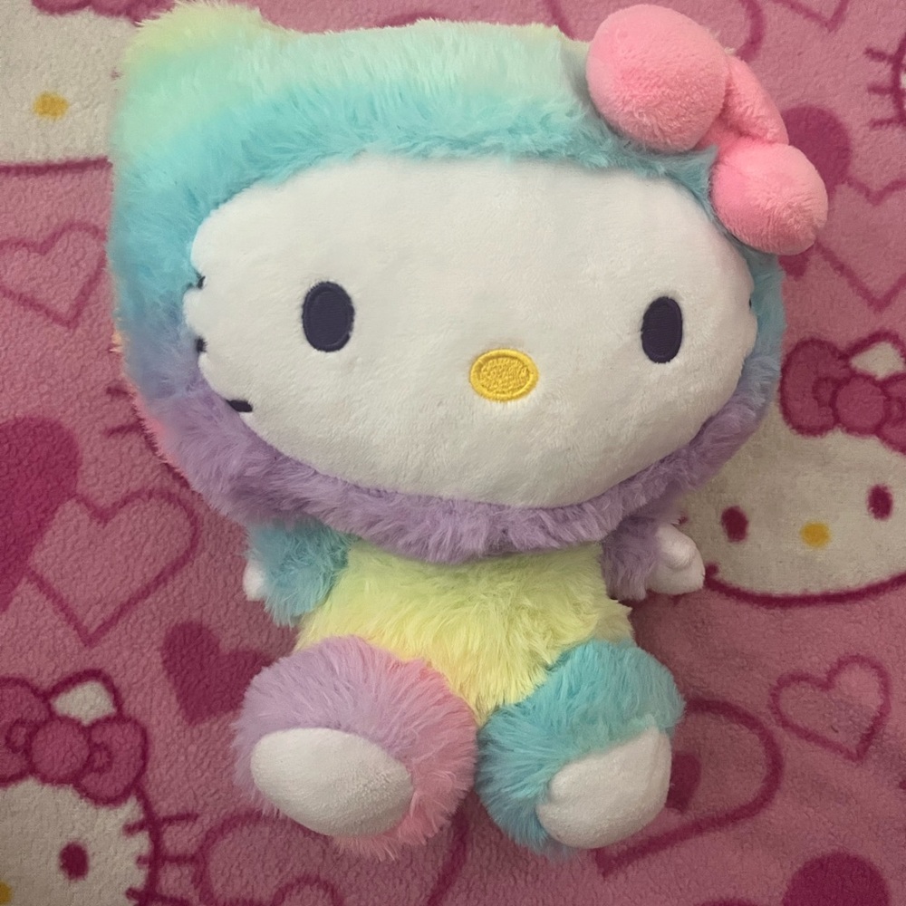 Hello Kitty Plush in Pastel Blue, Pink, and Yellow